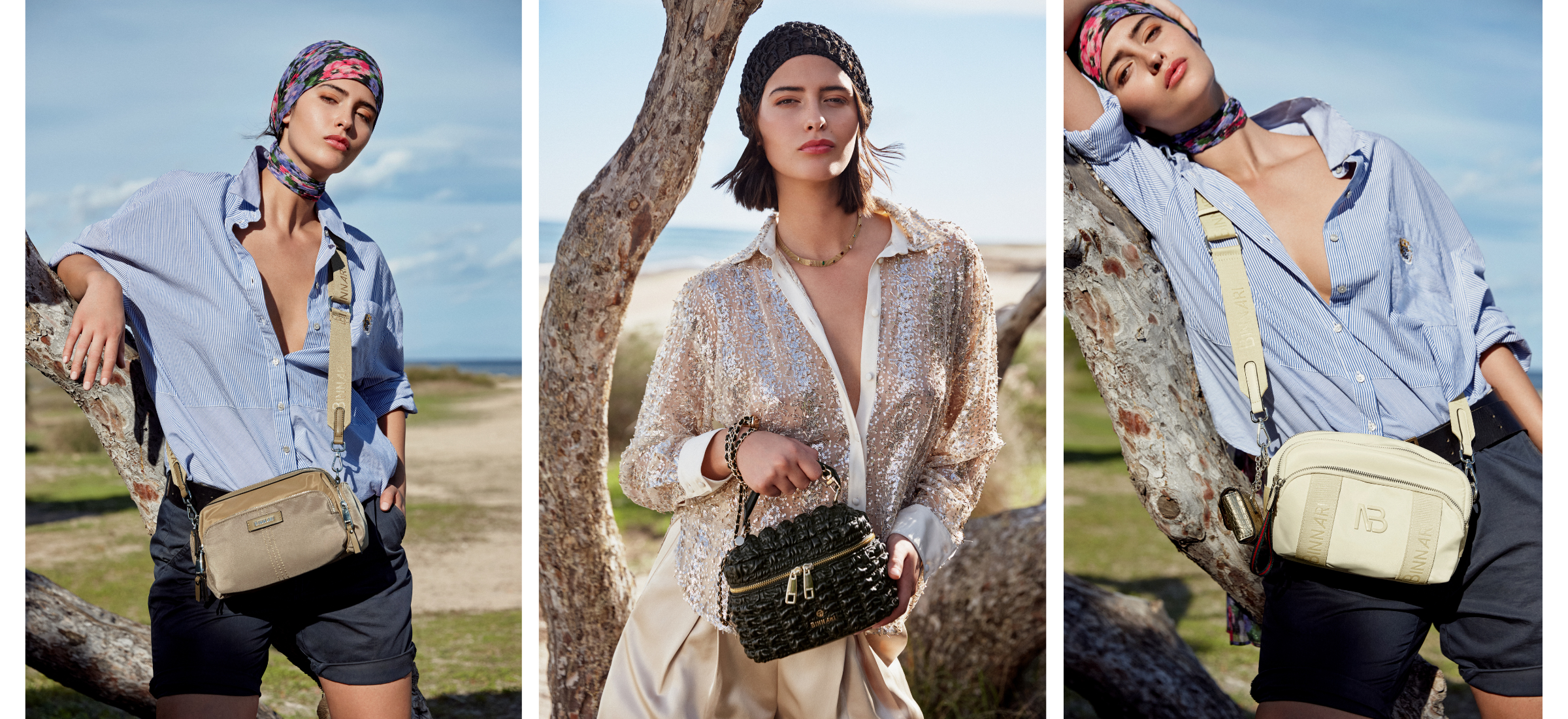Dirección creativa Binnari: campaña editorial de moda con bolsos de colección y estilismo mediterráneo