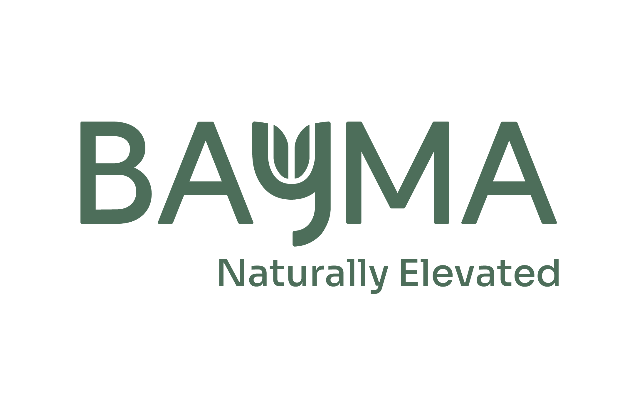 Logotipo de BAYMA con símbolo vegetal y claim Naturally Elevated en verde